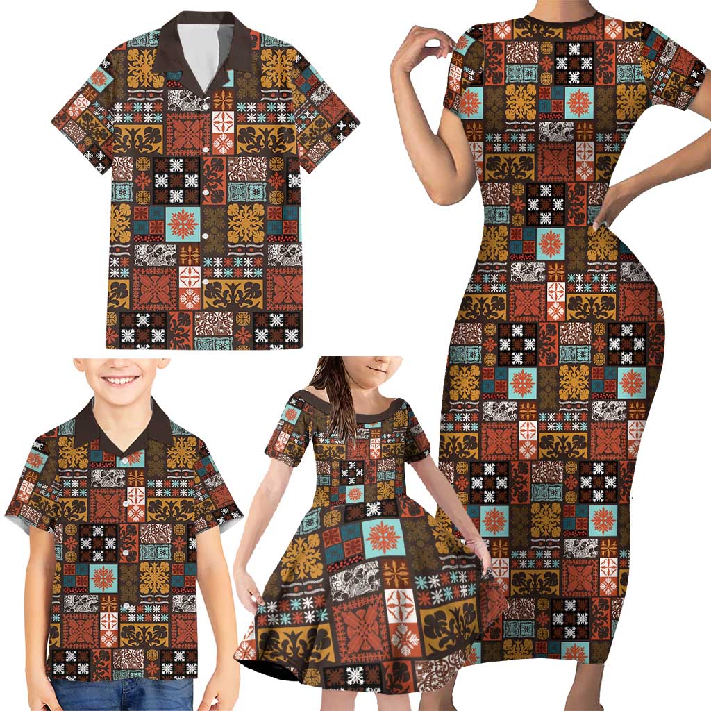 Vintage Hawaiian Quilting Patterns Family Matching Short Sleeve Bodycon Dress and Hawaiian Shirt Brown Style Tribal Fabric Patchwork - Polynesian Pride