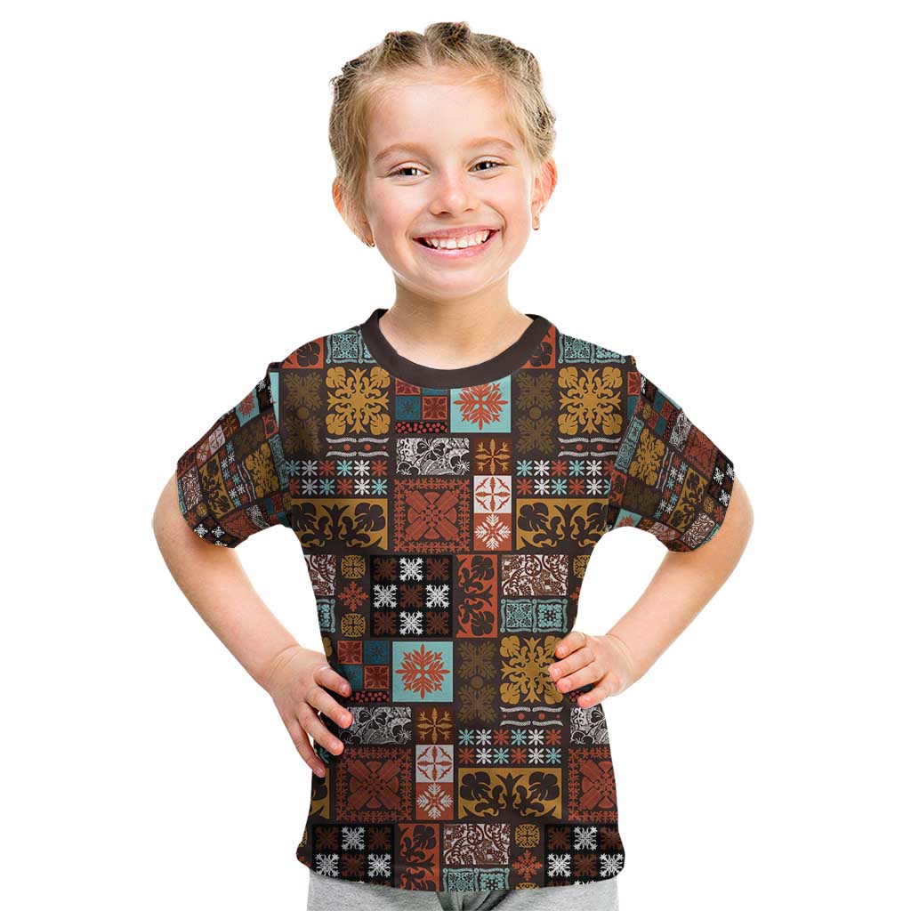 Vintage Hawaiian Quilting Patterns Kid T Shirt Brown Style Tribal Fabric Patchwork - Polynesian Pride