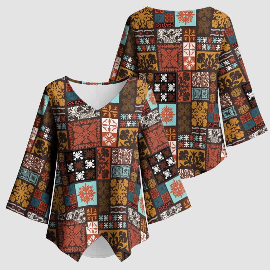 Vintage Hawaiian Quilting Patterns Kimono Sleeve Blouse Brown Style Tribal Fabric Patchwork - Polynesian Pride