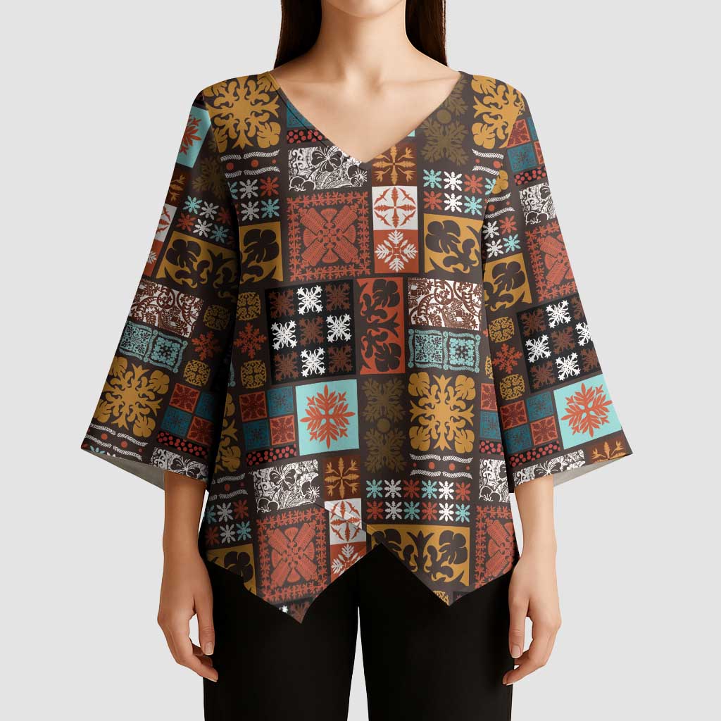 Vintage Hawaiian Quilting Patterns Kimono Sleeve Blouse Brown Style Tribal Fabric Patchwork - Polynesian Pride