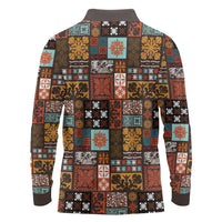 Vintage Hawaiian Quilting Patterns Long Sleeve Polo Shirt Brown Style Tribal Fabric Patchwork - Polynesian Pride