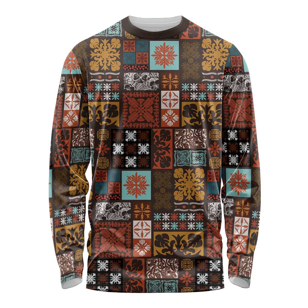 Vintage Hawaiian Quilting Patterns Long Sleeve Shirt Brown Style Tribal Fabric Patchwork - Polynesian Pride