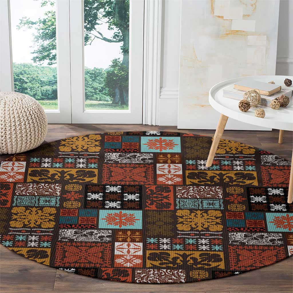 Vintage Hawaiian Quilting Patterns Round Carpet Brown Style Tribal Fabric Patchwork - Polynesian Pride