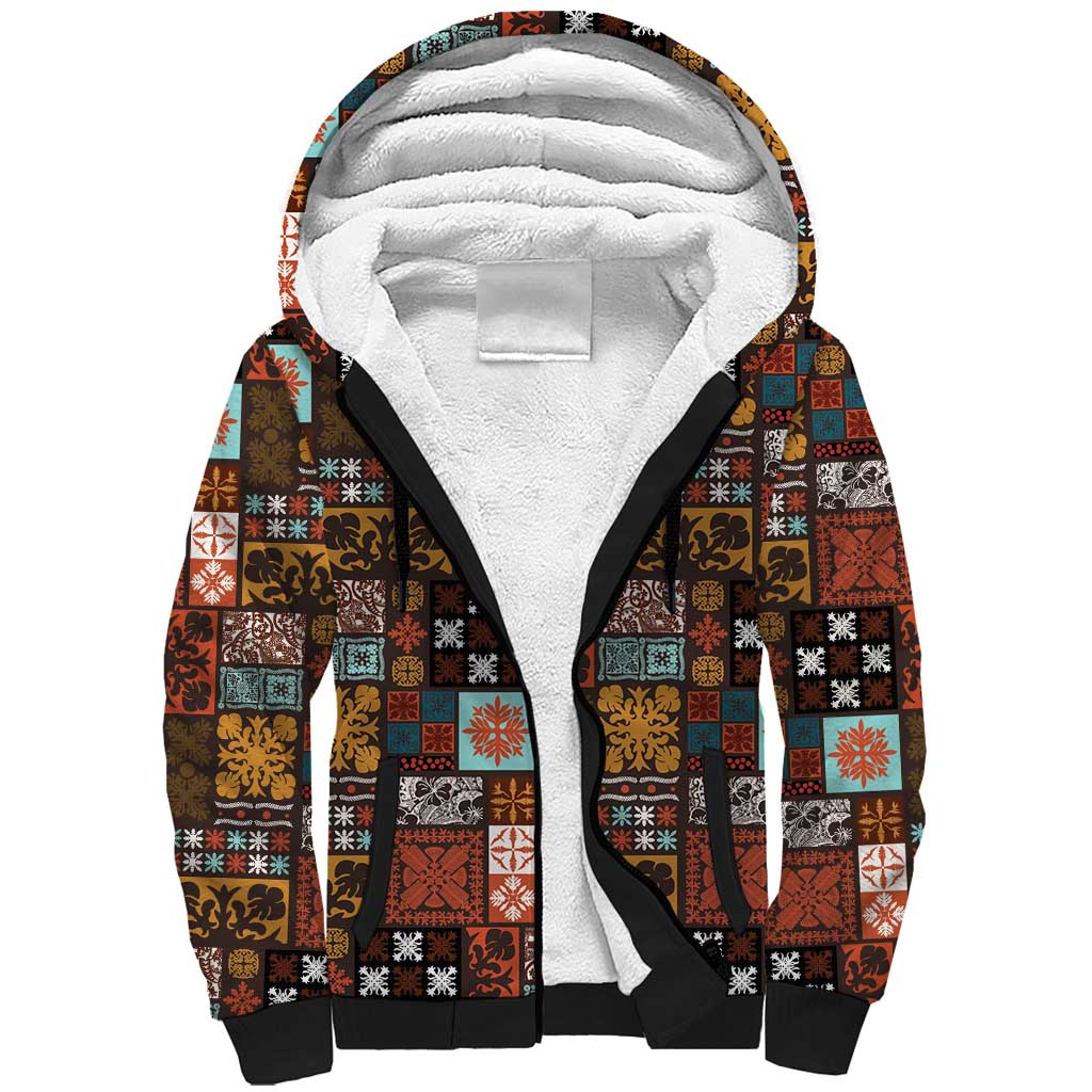 Vintage Hawaiian Quilting Patterns Sherpa Hoodie Brown Style Tribal Fabric Patchwork - Polynesian Pride