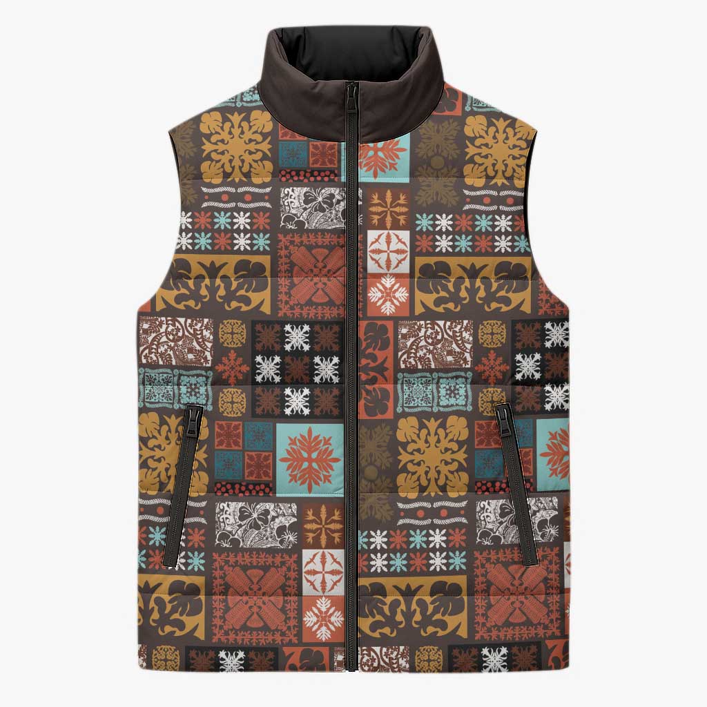 Vintage Hawaiian Quilting Patterns Sleeveless Puffer Jacket Brown Style Tribal Fabric Patchwork - Polynesian Pride