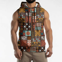 Vintage Hawaiian Quilting Patterns Sleeveless Zip Hoodie Brown Style Tribal Fabric Patchwork - Polynesian Pride