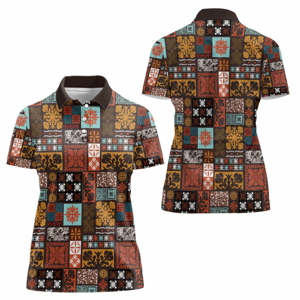 Vintage Hawaiian Quilting Patterns Women Polo Shirt Brown Style Tribal Fabric Patchwork - Polynesian Pride
