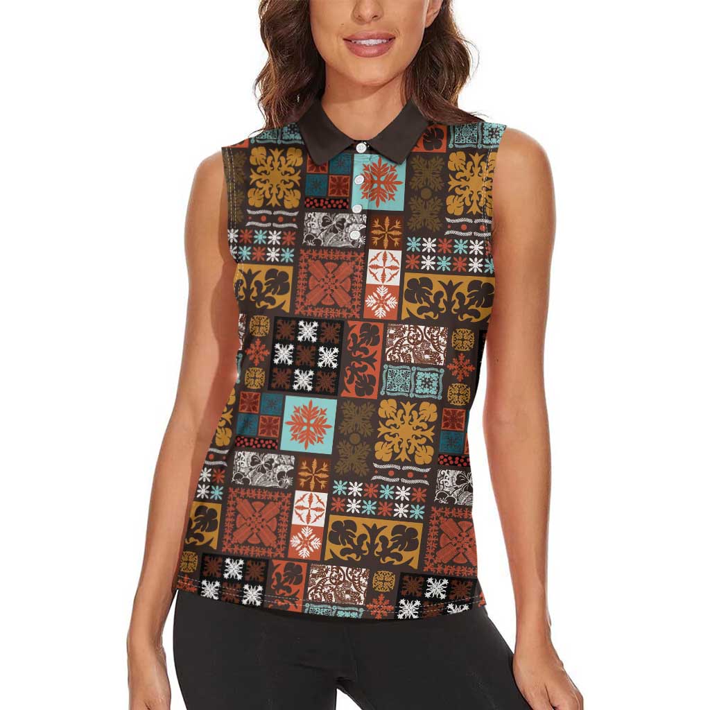 Vintage Hawaiian Quilting Patterns Women Sleeveless Polo Shirt Brown Style Tribal Fabric Patchwork - Polynesian Pride