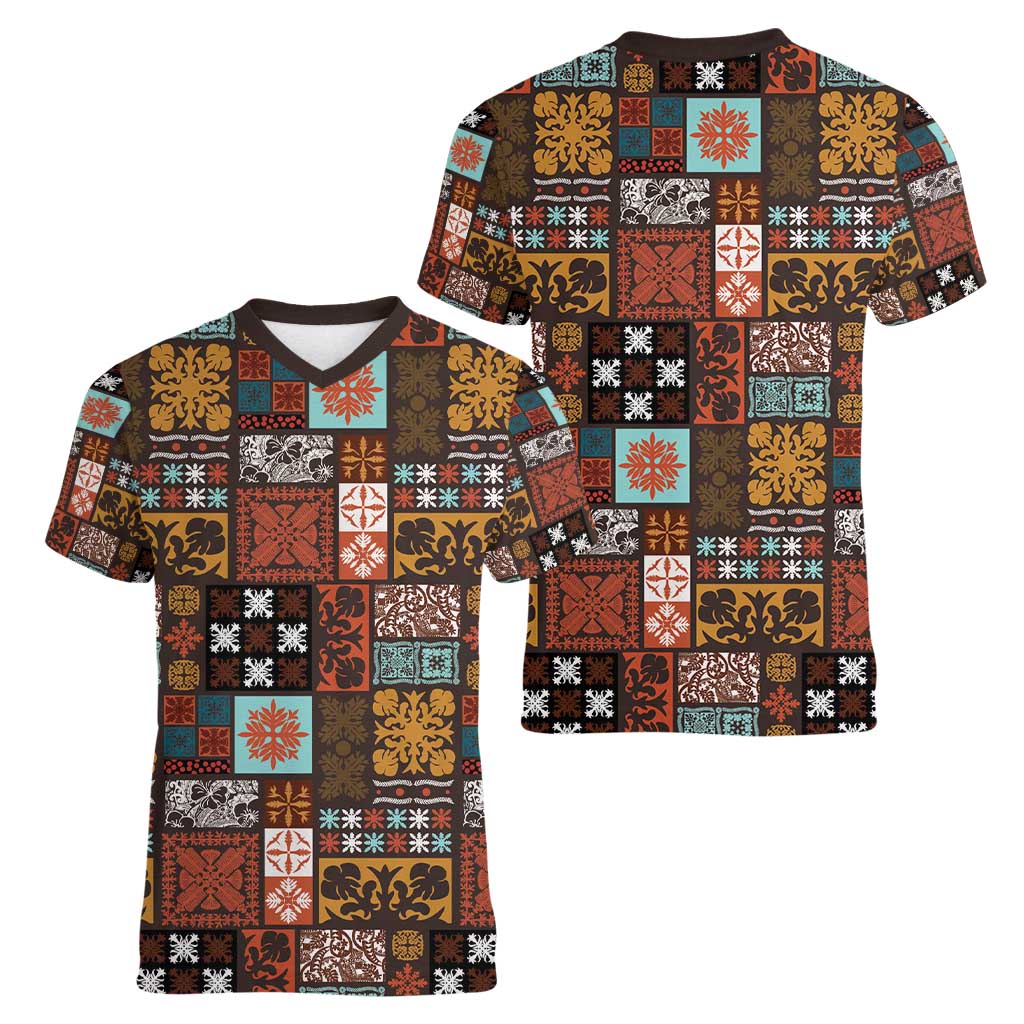 Vintage Hawaiian Quilting Patterns Women V-Neck T-Shirt Brown Style Tribal Fabric Patchwork - Polynesian Pride