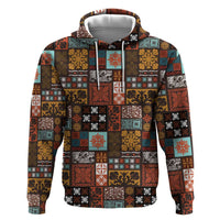 Vintage Hawaiian Quilting Patterns Zip Hoodie Brown Style Tribal Fabric Patchwork - Polynesian Pride