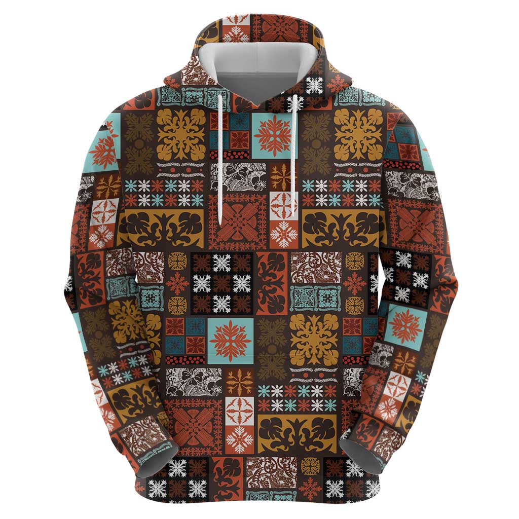 Vintage Hawaiian Quilting Patterns Zip Hoodie Brown Style Tribal Fabric Patchwork - Polynesian Pride