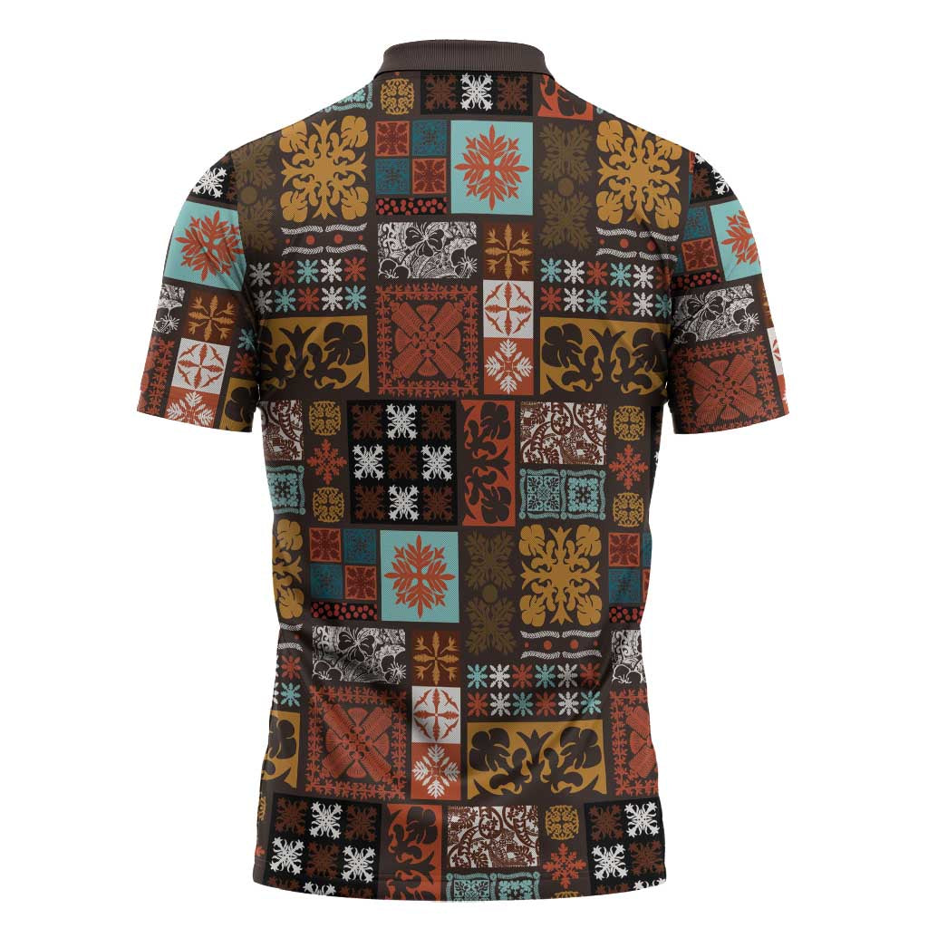 Vintage Hawaiian Quilting Patterns Zipper Polo Shirt Brown Style Tribal Fabric Patchwork - Polynesian Pride