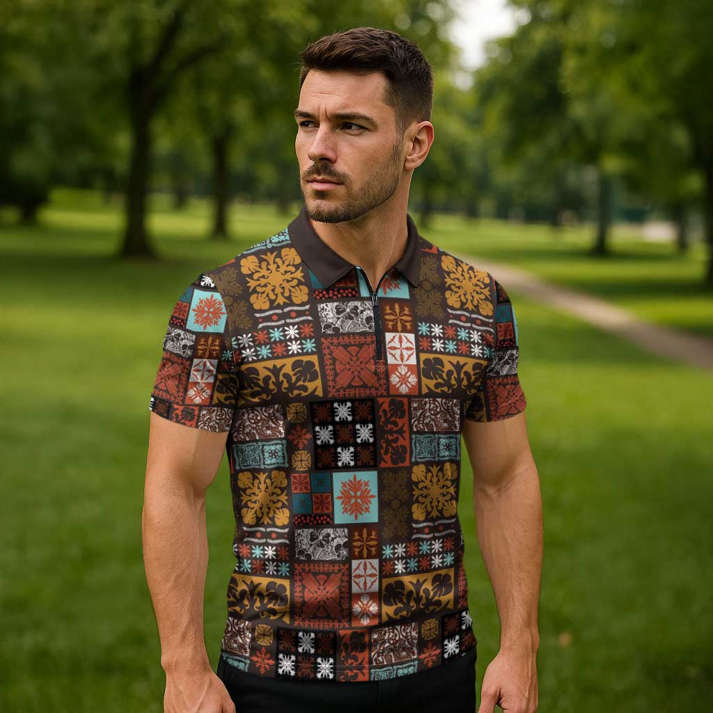 Vintage Hawaiian Quilting Patterns Zipper Polo Shirt Brown Style Tribal Fabric Patchwork - Polynesian Pride