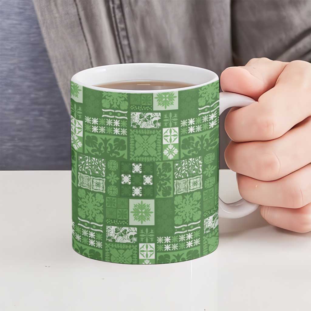 Vintage Hawaiian Quilting Patterns Ceramic Mug Green Style Tribal Fabric Patchwork - Polynesian Pride
