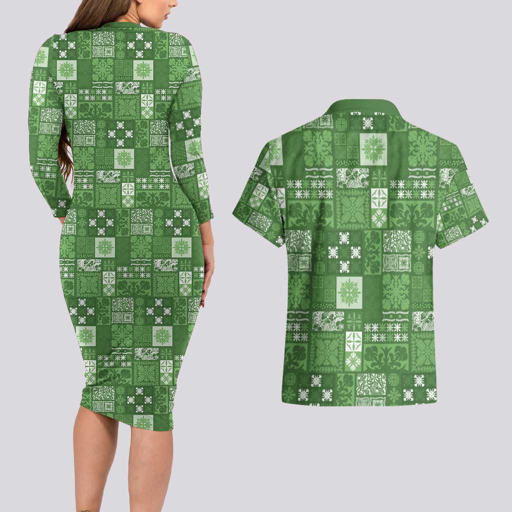 Vintage Hawaiian Quilting Patterns Couples Matching Long Sleeve Bodycon Dress and Hawaiian Shirt Green Style Tribal Fabric Patchwork - Polynesian Pride