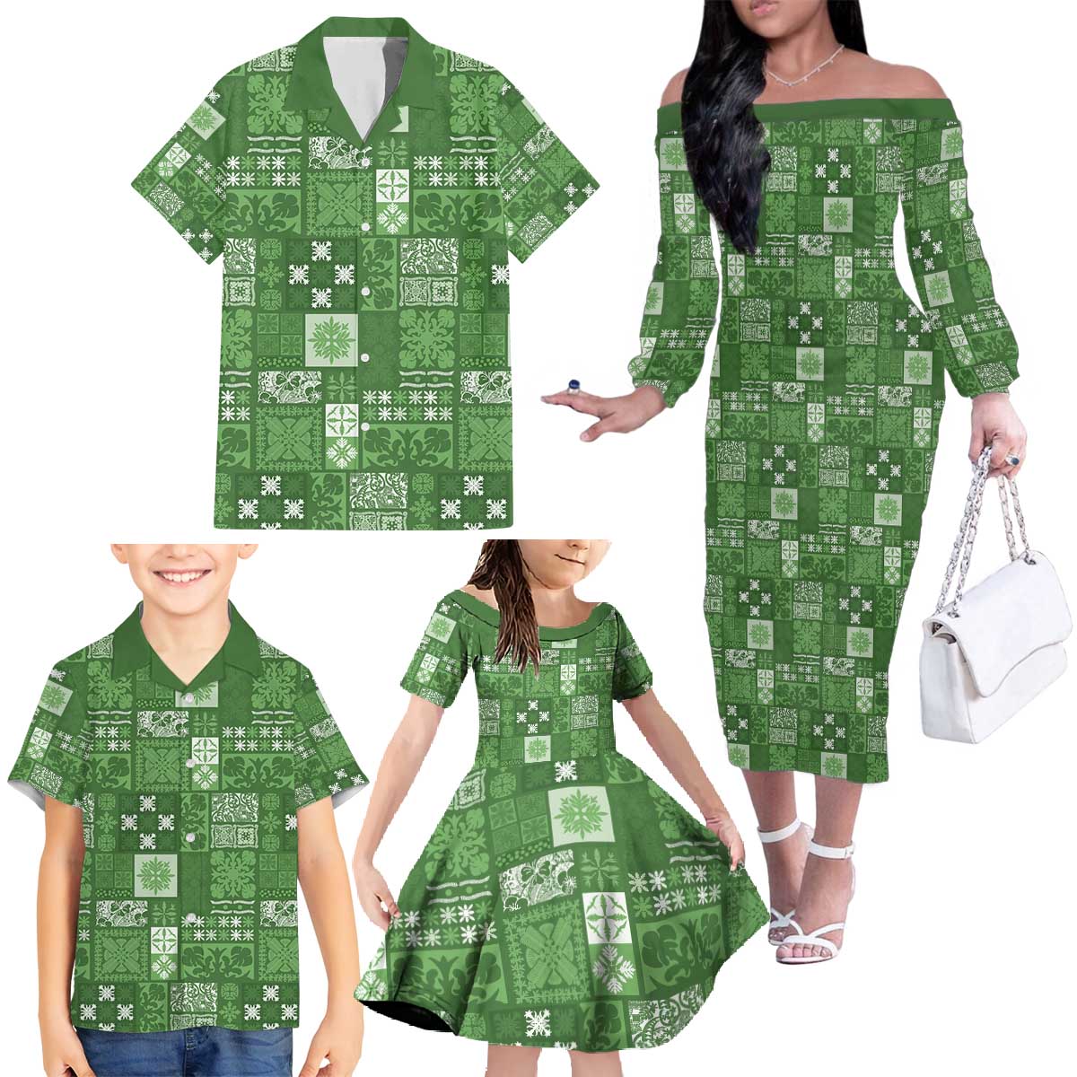 Vintage Hawaiian Quilting Patterns Family Matching Off The Shoulder Long Sleeve Dress and Hawaiian Shirt Green Style Tribal Fabric Patchwork - Polynesian Pride