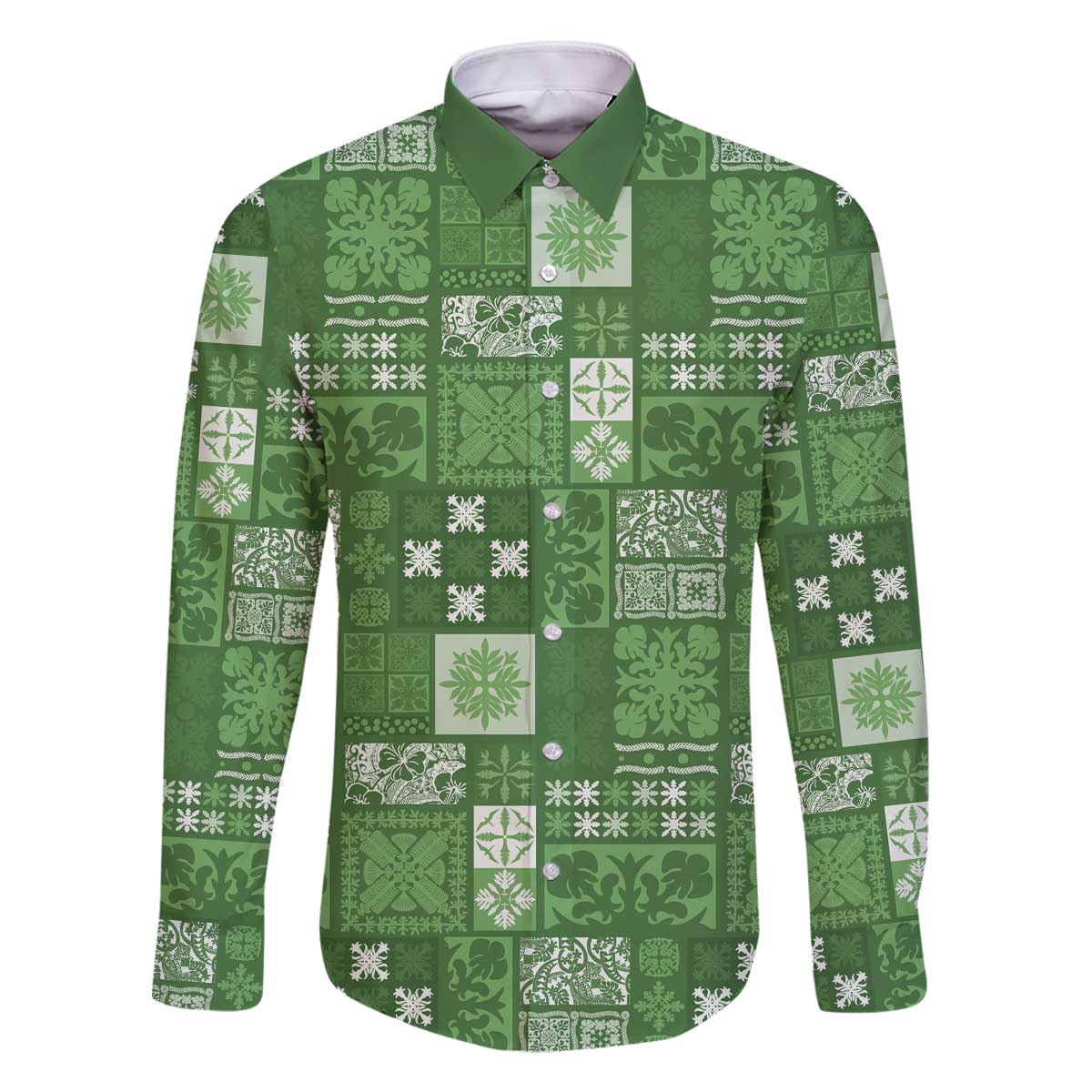 Vintage Hawaiian Quilting Patterns Family Matching Off The Shoulder Long Sleeve Dress and Hawaiian Shirt Green Style Tribal Fabric Patchwork - Polynesian Pride