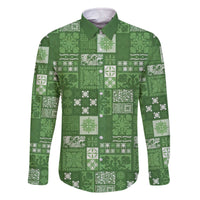 Vintage Hawaiian Quilting Patterns Family Matching Off The Shoulder Long Sleeve Dress and Hawaiian Shirt Green Style Tribal Fabric Patchwork - Polynesian Pride