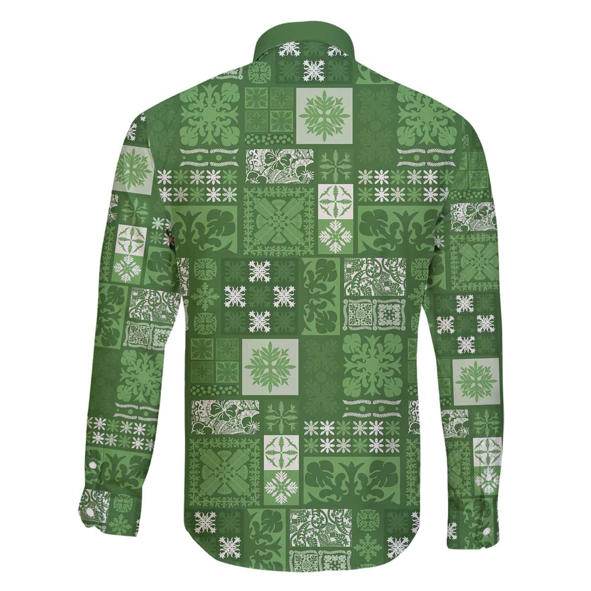 Vintage Hawaiian Quilting Patterns Family Matching Off The Shoulder Long Sleeve Dress and Hawaiian Shirt Green Style Tribal Fabric Patchwork - Polynesian Pride