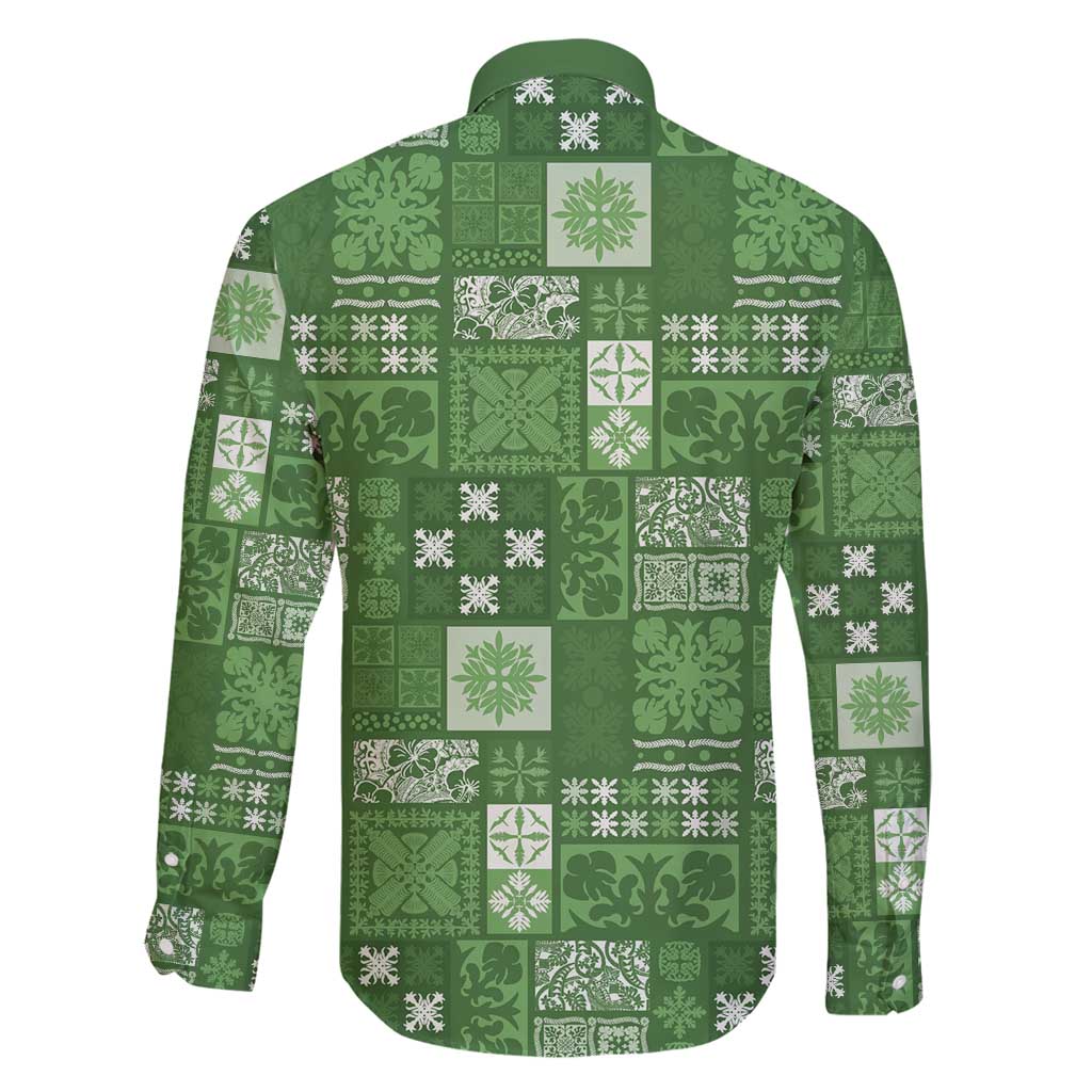 Vintage Hawaiian Quilting Patterns Family Matching Off Shoulder Short Dress and Hawaiian Shirt Green Style Tribal Fabric Patchwork - Polynesian Pride