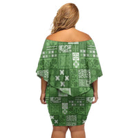 Vintage Hawaiian Quilting Patterns Family Matching Off Shoulder Short Dress and Hawaiian Shirt Green Style Tribal Fabric Patchwork - Polynesian Pride