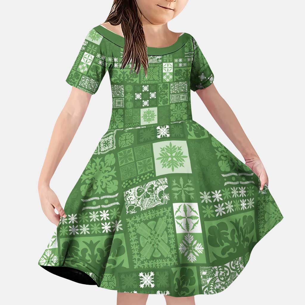 Vintage Hawaiian Quilting Patterns Family Matching Puletasi and Hawaiian Shirt Green Style Tribal Fabric Patchwork LT9 Daughter's Dress Green - Polynesian Pride