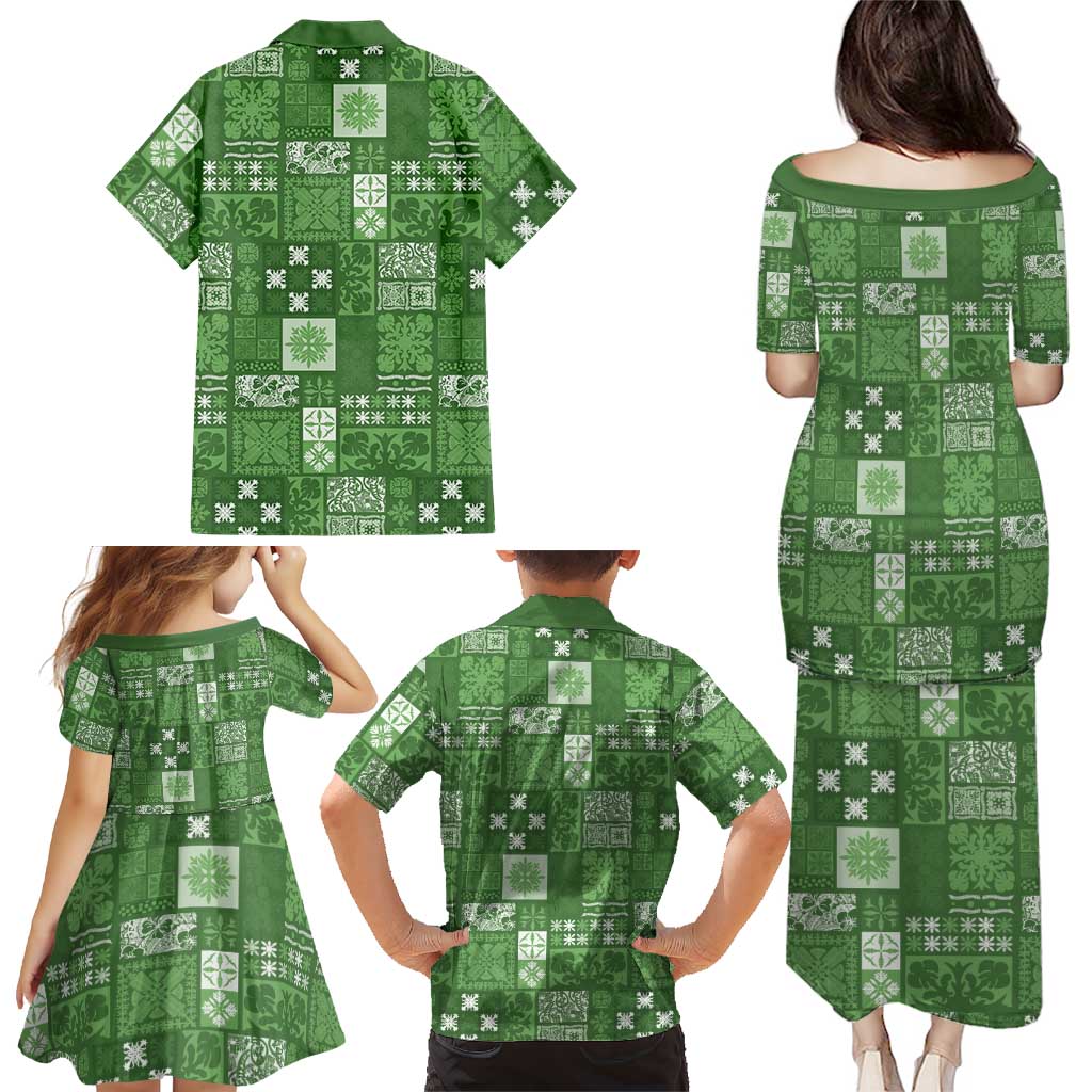Vintage Hawaiian Quilting Patterns Family Matching Puletasi and Hawaiian Shirt Green Style Tribal Fabric Patchwork LT9 - Polynesian Pride