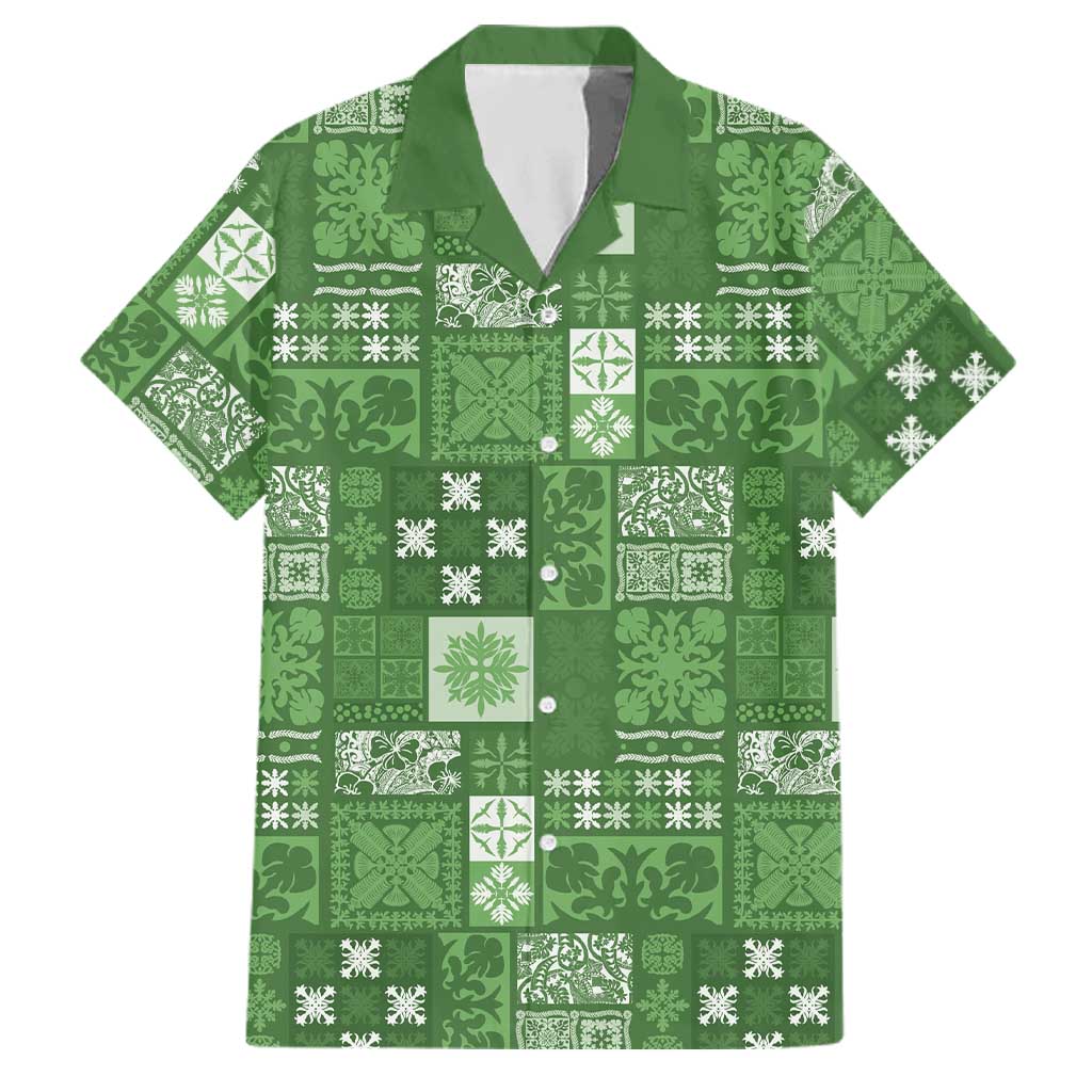 Vintage Hawaiian Quilting Patterns Family Matching Puletasi and Hawaiian Shirt Green Style Tribal Fabric Patchwork LT9 Dad's Shirt - Short Sleeve Green - Polynesian Pride