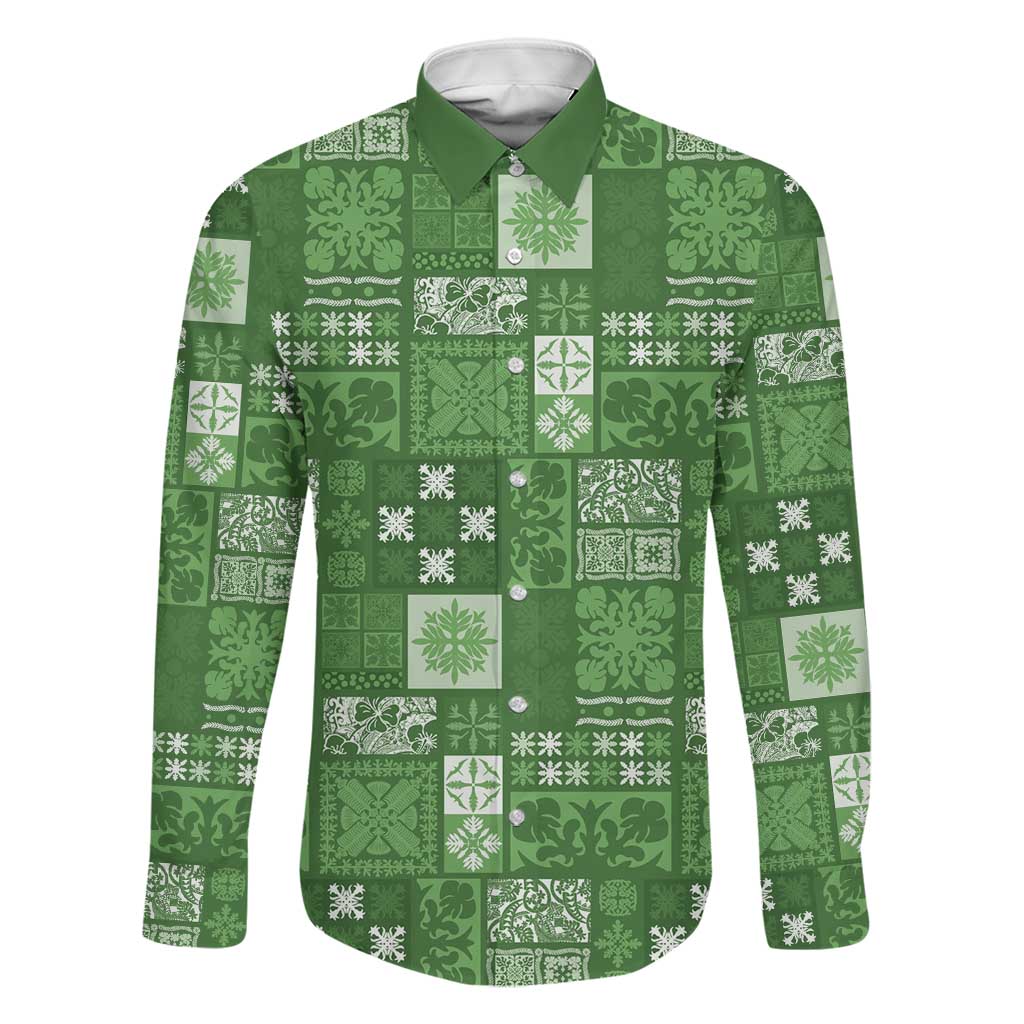 Vintage Hawaiian Quilting Patterns Family Matching Puletasi and Hawaiian Shirt Green Style Tribal Fabric Patchwork LT9 Dad's Shirt - Long Sleeve Green - Polynesian Pride