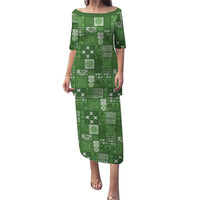 Vintage Hawaiian Quilting Patterns Family Matching Puletasi and Hawaiian Shirt Green Style Tribal Fabric Patchwork LT9 Mom's Dress Green - Polynesian Pride