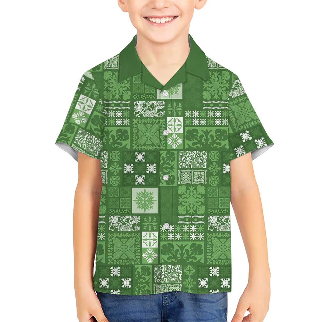 Vintage Hawaiian Quilting Patterns Family Matching Puletasi and Hawaiian Shirt Green Style Tribal Fabric Patchwork LT9 Son's Shirt Green - Polynesian Pride
