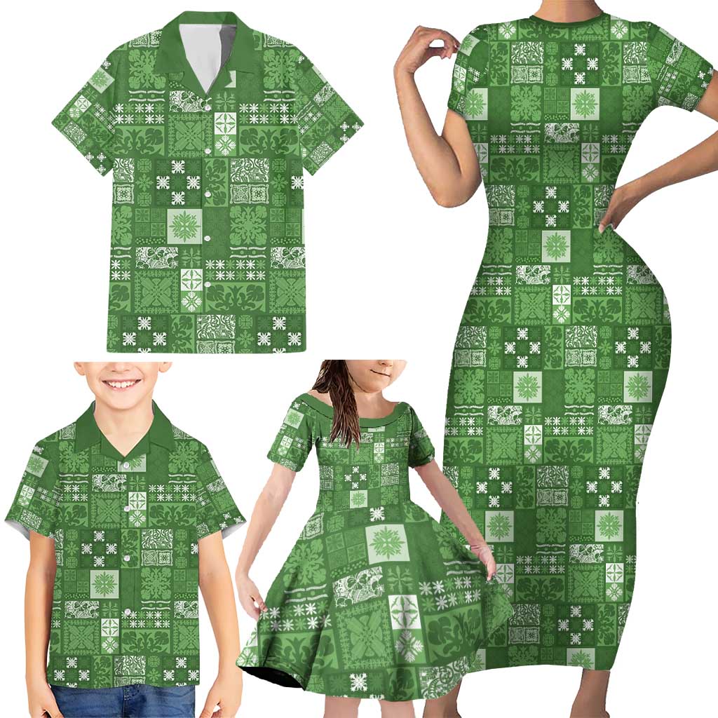 Vintage Hawaiian Quilting Patterns Family Matching Short Sleeve Bodycon Dress and Hawaiian Shirt Green Style Tribal Fabric Patchwork - Polynesian Pride
