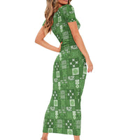 Vintage Hawaiian Quilting Patterns Family Matching Short Sleeve Bodycon Dress and Hawaiian Shirt Green Style Tribal Fabric Patchwork - Polynesian Pride