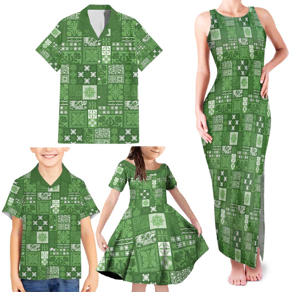 Vintage Hawaiian Quilting Patterns Family Matching Tank Maxi Dress and Hawaiian Shirt Green Style Tribal Fabric Patchwork - Polynesian Pride