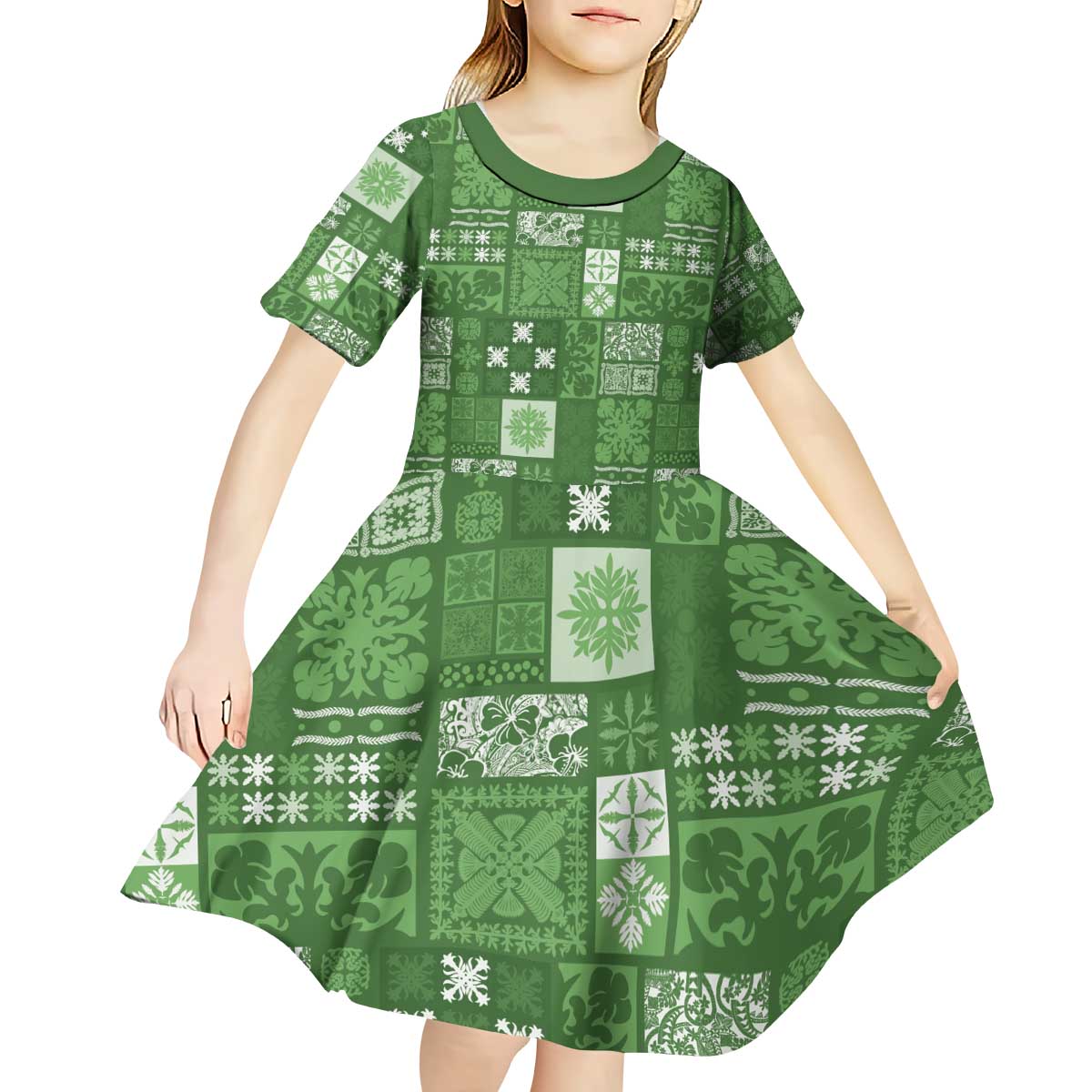 Vintage Hawaiian Quilting Patterns Kid Short Sleeve Dress Green Style Tribal Fabric Patchwork - Polynesian Pride