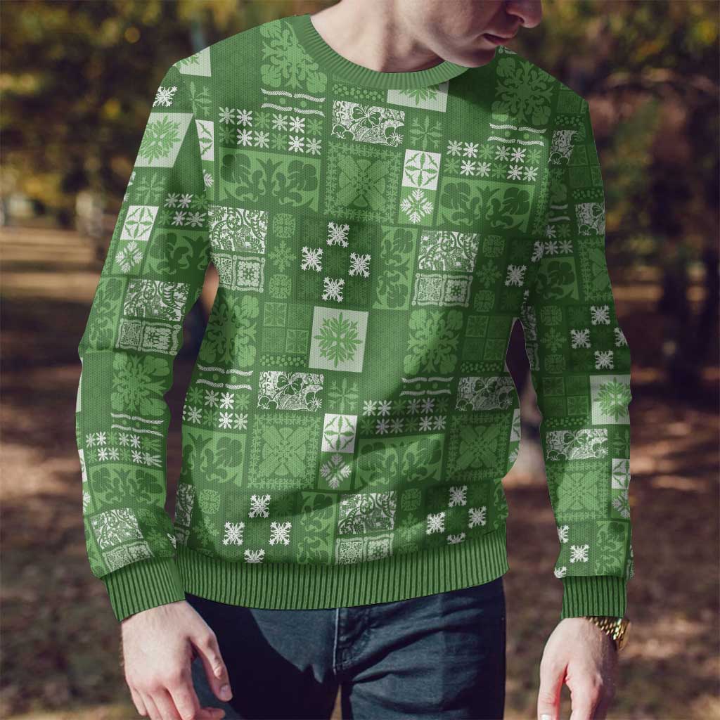 Vintage Hawaiian Quilting Patterns Ugly Christmas Sweater Green Style Tribal Fabric Patchwork - Polynesian Pride