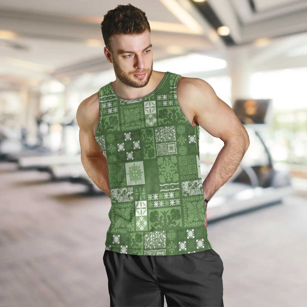 Vintage Hawaiian Quilting Patterns Men Tank Top Green Style Tribal Fabric Patchwork - Polynesian Pride