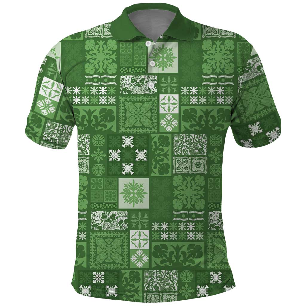 Vintage Hawaiian Quilting Patterns Polo Shirt Green Style Tribal Fabric Patchwork - Polynesian Pride