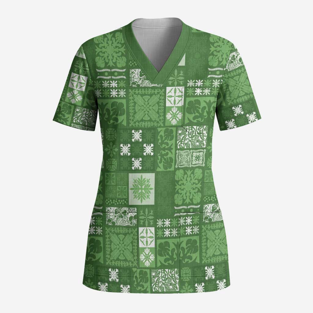 Vintage Hawaiian Quilting Patterns Scrub Top Green Style Tribal Fabric Patchwork - Polynesian Pride