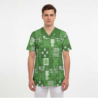 Vintage Hawaiian Quilting Patterns Scrub Top Green Style Tribal Fabric Patchwork - Polynesian Pride