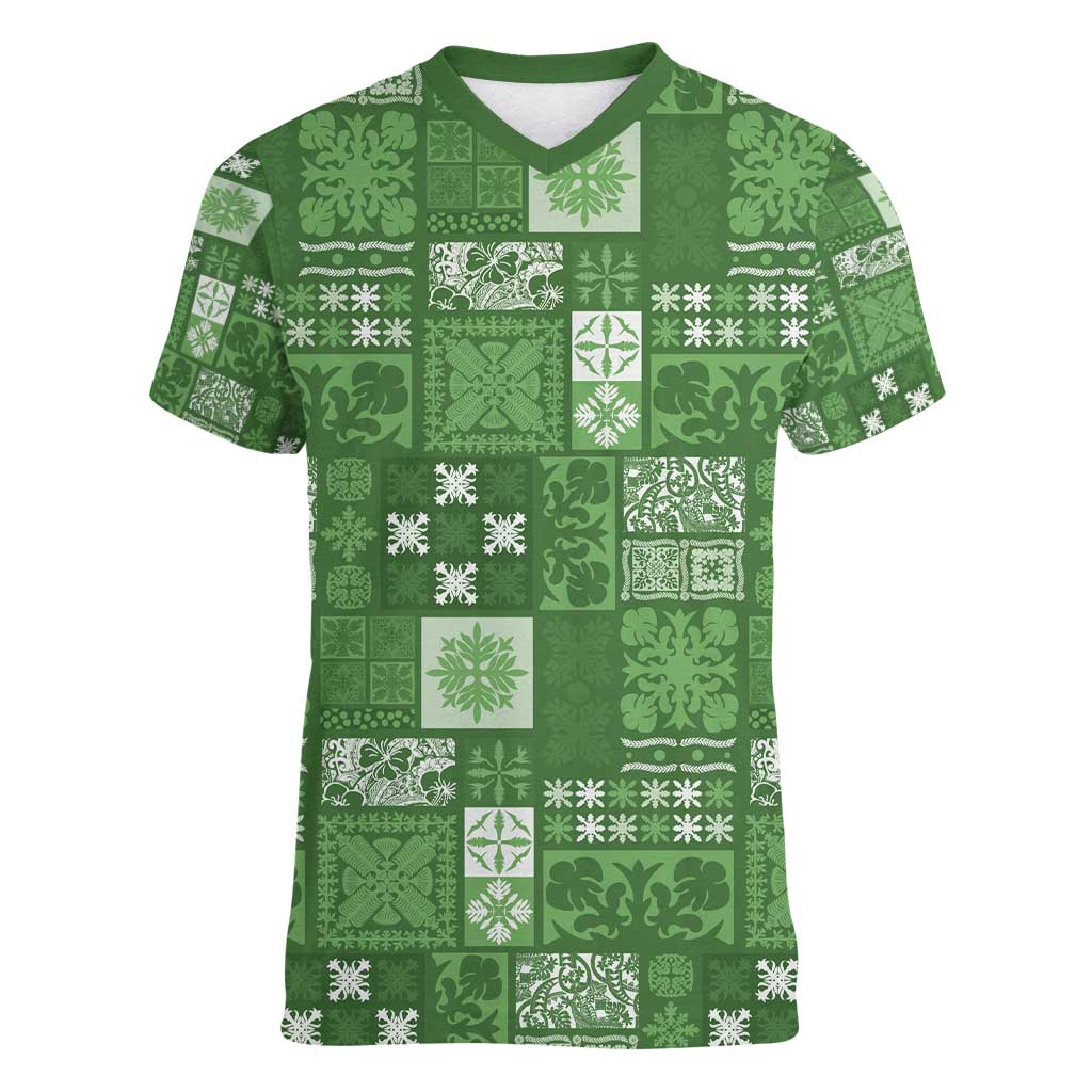 Vintage Hawaiian Quilting Patterns Women V-Neck T-Shirt Green Style Tribal Fabric Patchwork - Polynesian Pride