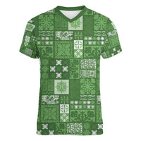 Vintage Hawaiian Quilting Patterns Women V-Neck T-Shirt Green Style Tribal Fabric Patchwork - Polynesian Pride
