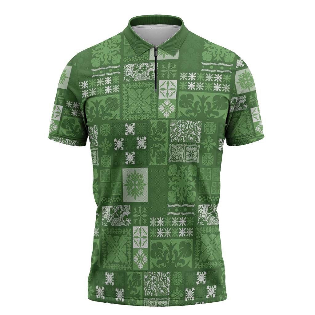 Vintage Hawaiian Quilting Patterns Zipper Polo Shirt Green Style Tribal Fabric Patchwork - Polynesian Pride