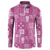 Vintage Hawaiian Quilting Patterns Button Sweatshirt Pink Style Tribal Fabric Patchwork - Polynesian Pride