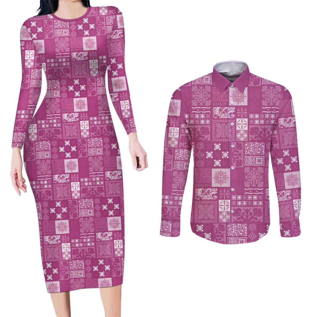 Vintage Hawaiian Quilting Patterns Couples Matching Long Sleeve Bodycon Dress and Long Sleeve Button Shirt Pink Style Tribal Fabric Patchwork - Polynesian Pride