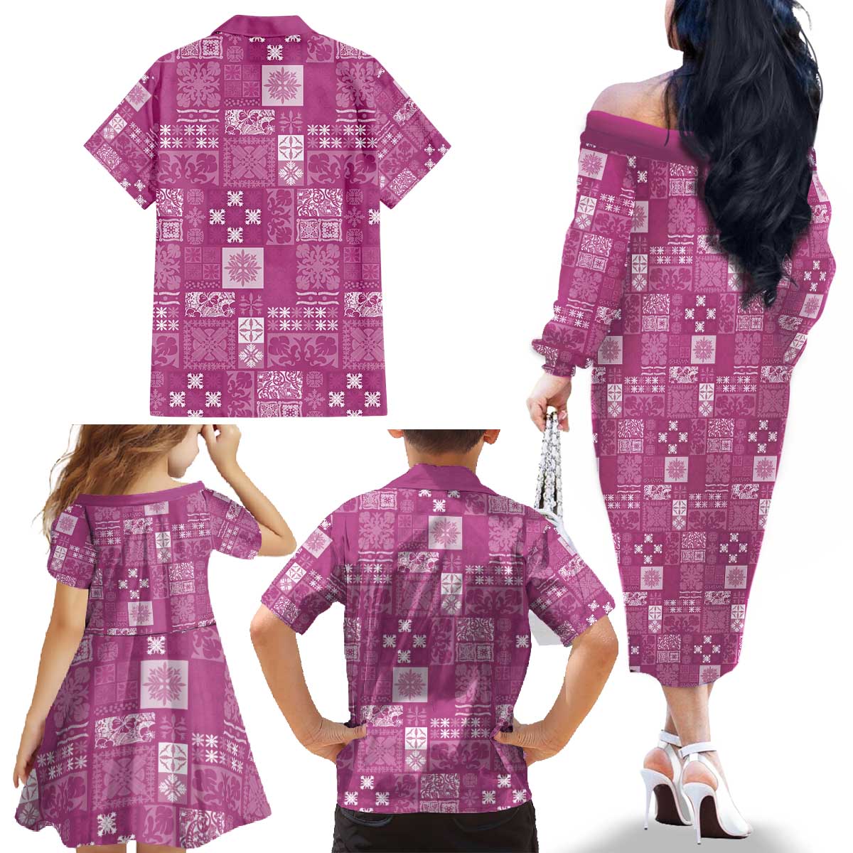 Vintage Hawaiian Quilting Patterns Family Matching Off The Shoulder Long Sleeve Dress and Hawaiian Shirt Pink Style Tribal Fabric Patchwork - Polynesian Pride