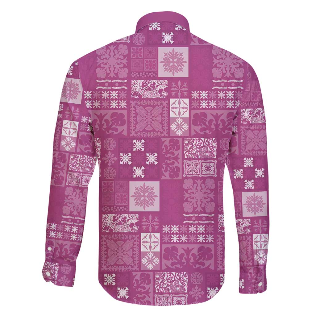 Vintage Hawaiian Quilting Patterns Family Matching Off Shoulder Maxi Dress and Hawaiian Shirt Pink Style Tribal Fabric Patchwork - Polynesian Pride