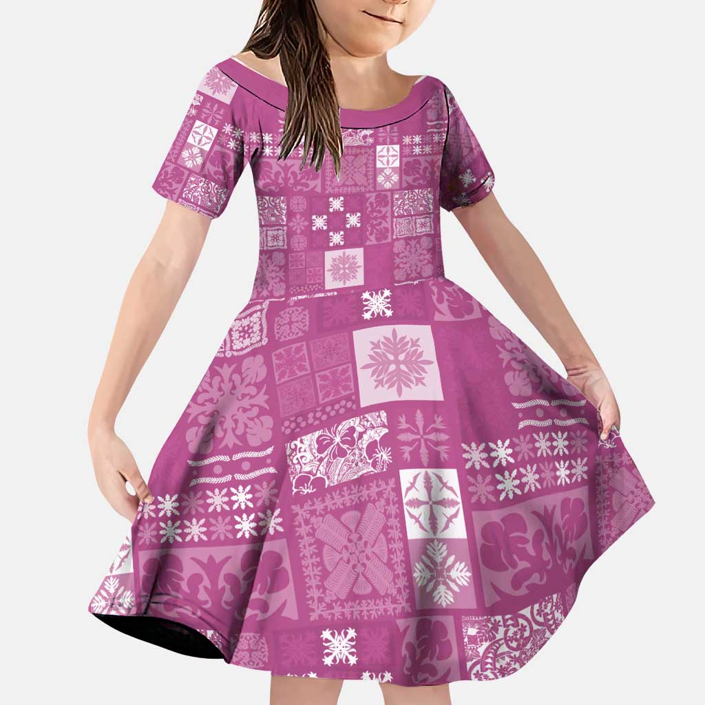 Vintage Hawaiian Quilting Patterns Family Matching Puletasi and Hawaiian Shirt Pink Style Tribal Fabric Patchwork LT9 Daughter's Dress Pink - Polynesian Pride