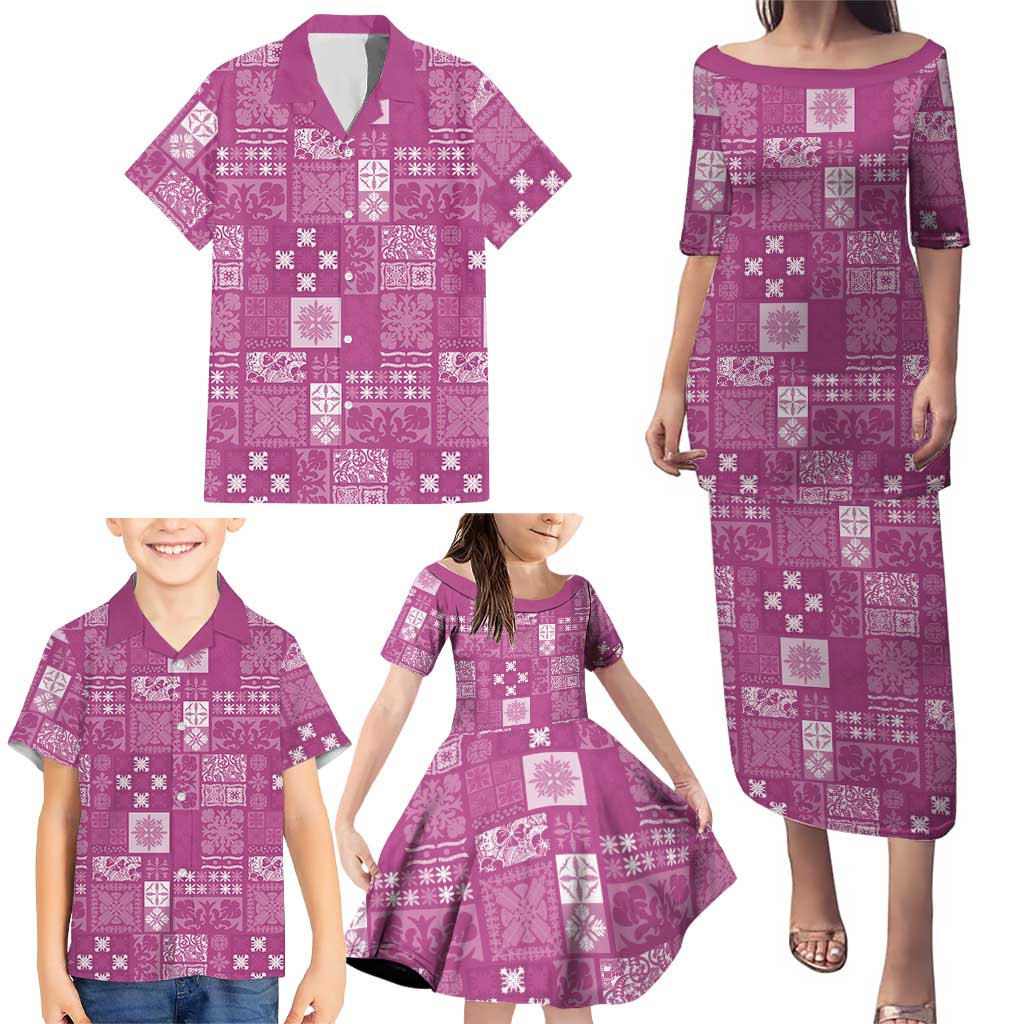 Vintage Hawaiian Quilting Patterns Family Matching Puletasi and Hawaiian Shirt Pink Style Tribal Fabric Patchwork - Polynesian Pride