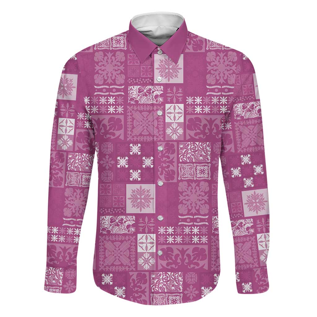 Vintage Hawaiian Quilting Patterns Family Matching Puletasi and Hawaiian Shirt Pink Style Tribal Fabric Patchwork LT9 Dad's Shirt - Long Sleeve Pink - Polynesian Pride